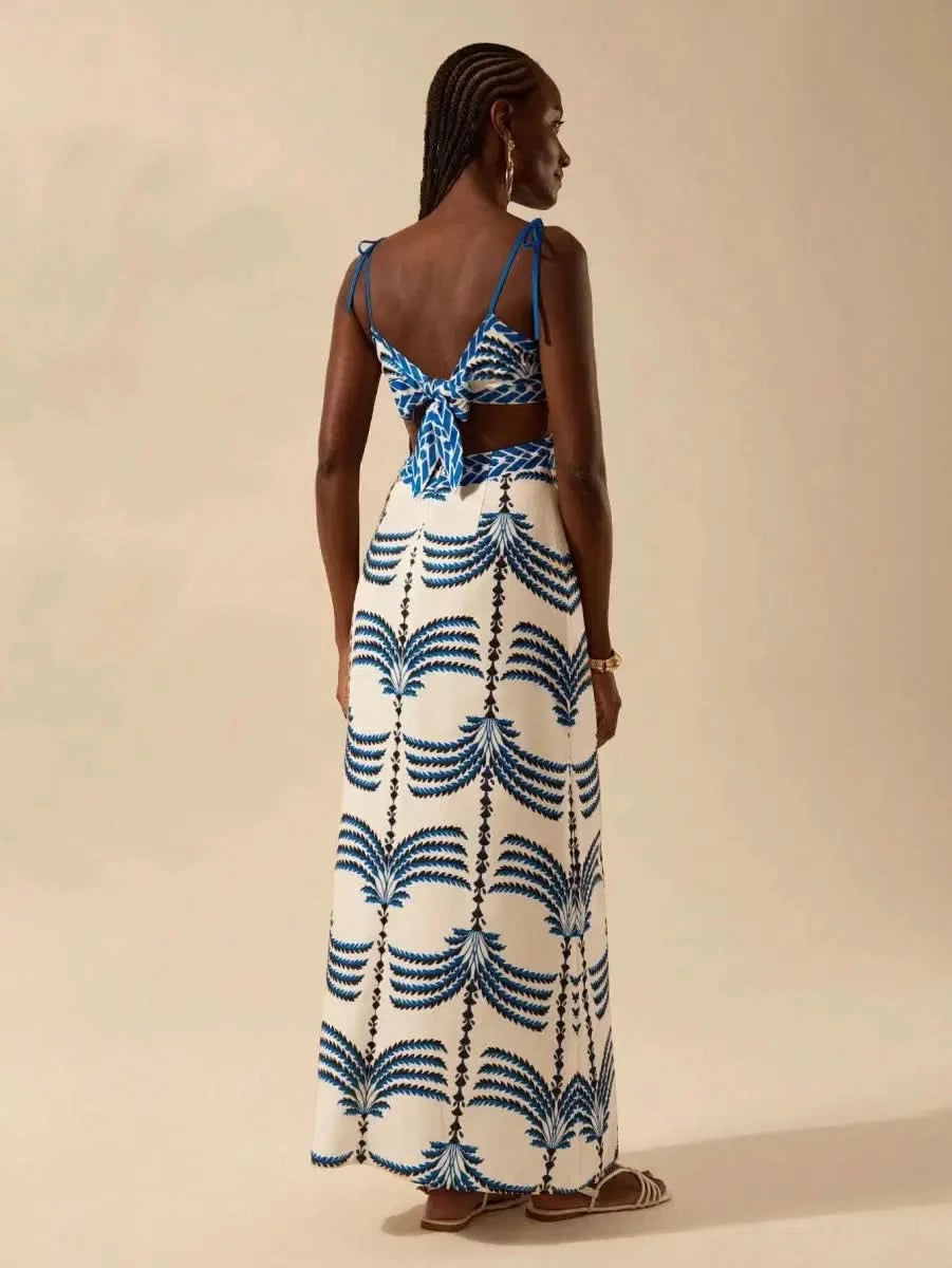 Boho Blue Palm - Print Maxi Dress with Side Cut - Out & Tie - Back - Satin Whisper