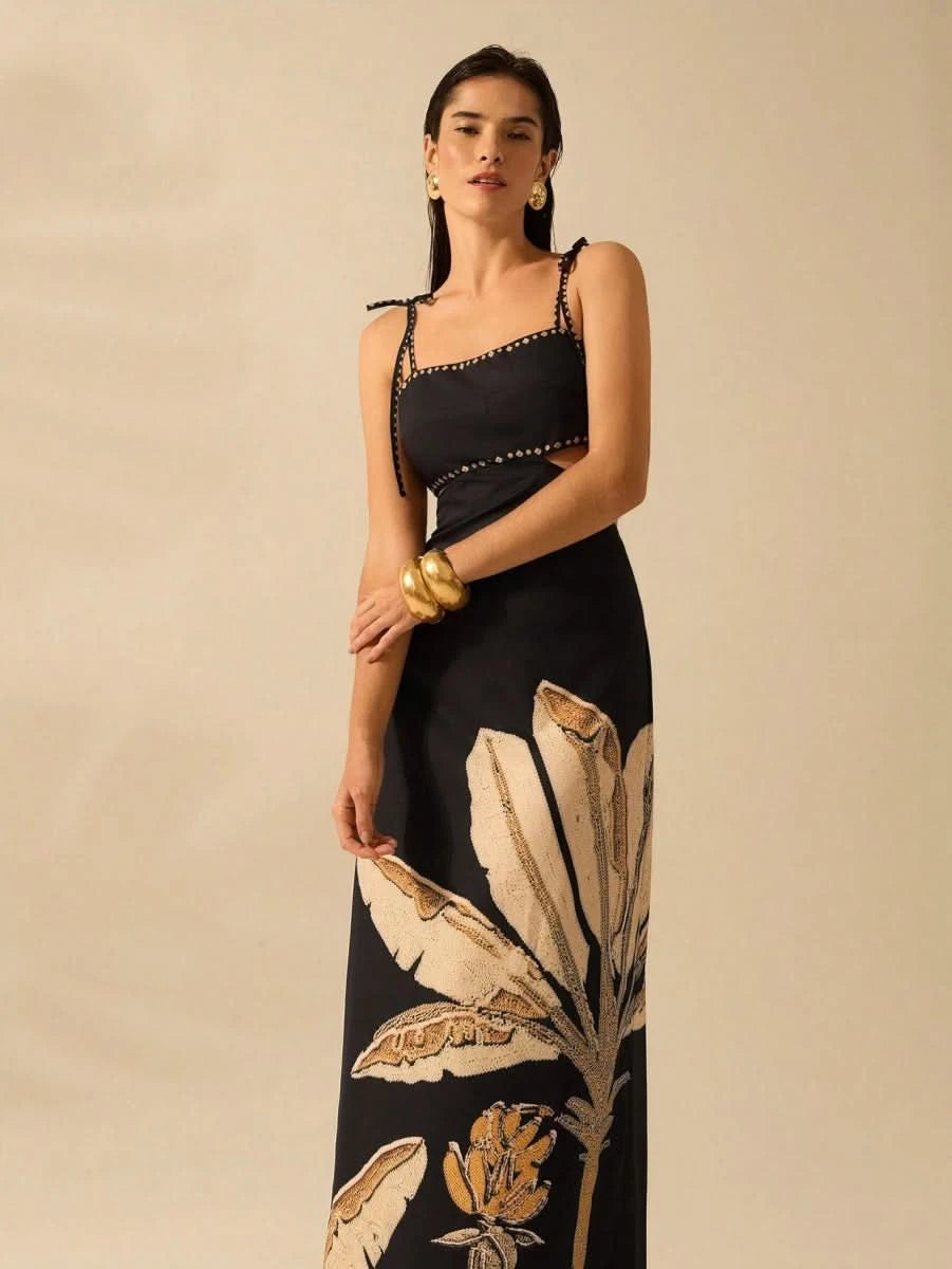 Black Banana Tree Maxi Dress with Waist Cut - Out - Satin Whisper