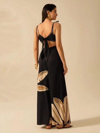 Black Banana Tree Maxi Dress with Waist Cut - Out - Satin Whisper