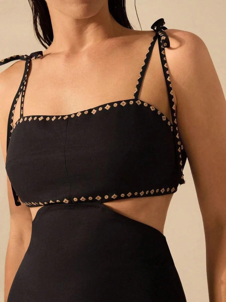 Black Banana Tree Maxi Dress with Waist Cut - Out - Satin Whisper