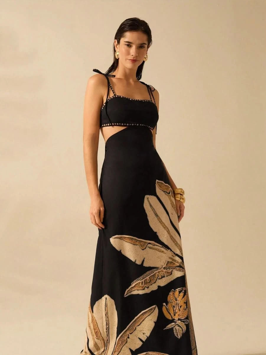 Black Banana Tree Maxi Dress with Waist Cut - Out - Satin Whisper