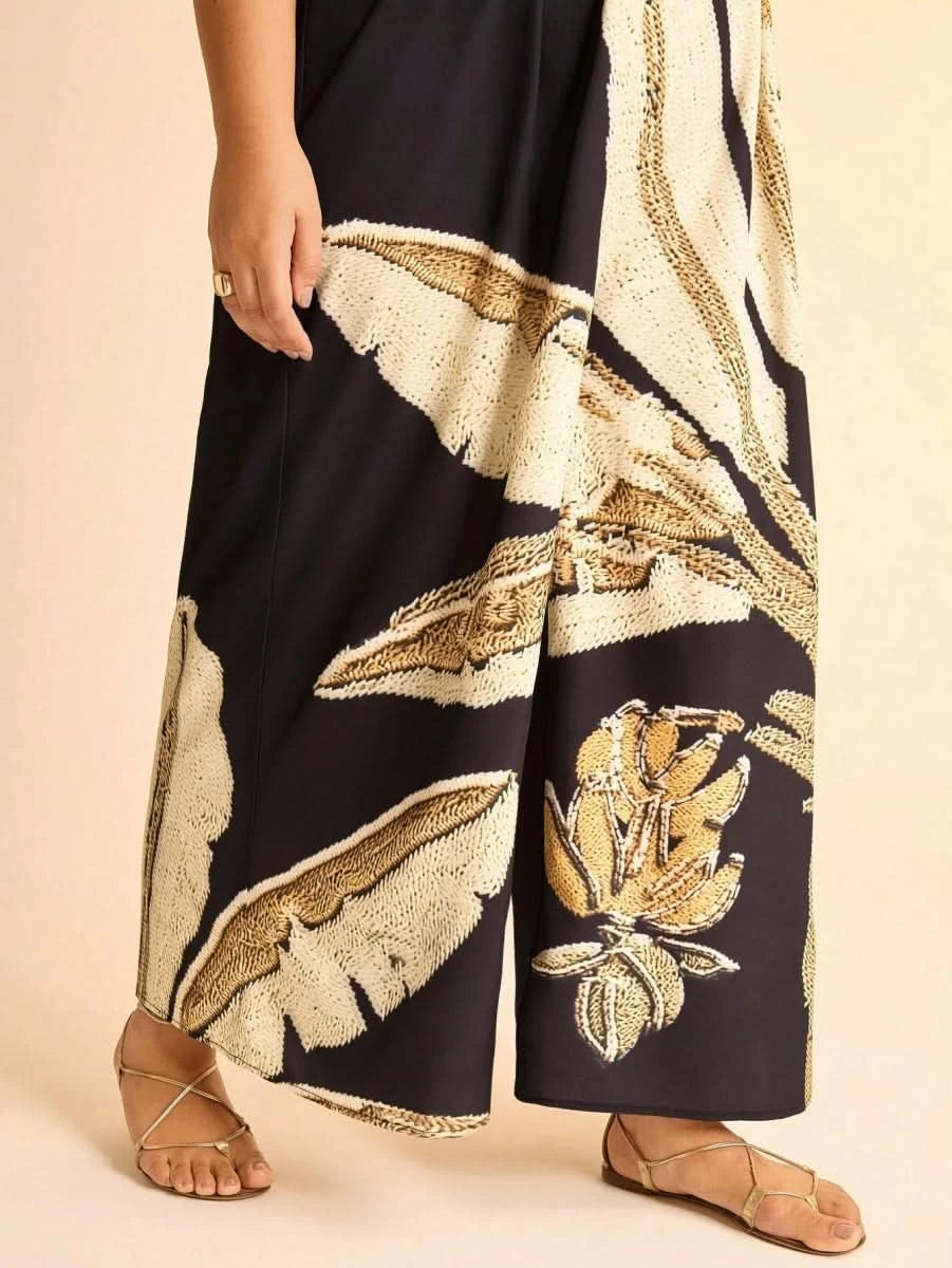 Black Banana Tree Maxi Dress with Waist Cut - Out - Satin Whisper