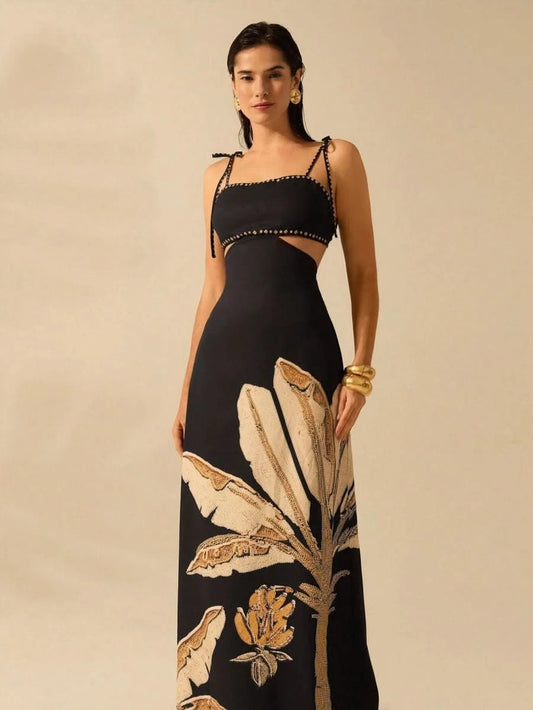 Black Banana Tree Maxi Dress with Waist Cut - Out - Satin Whisper