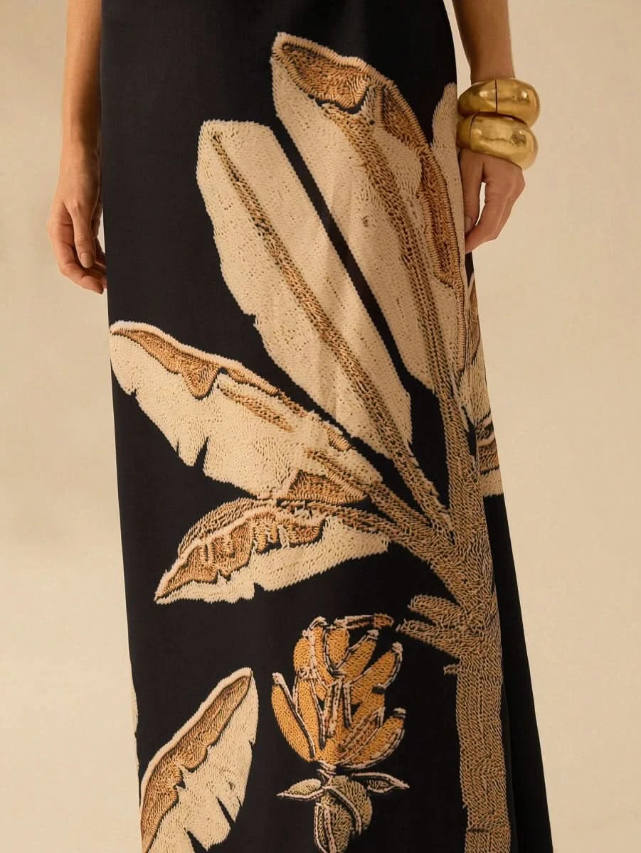 Black Banana Tree Maxi Dress with Waist Cut - Out - Satin Whisper