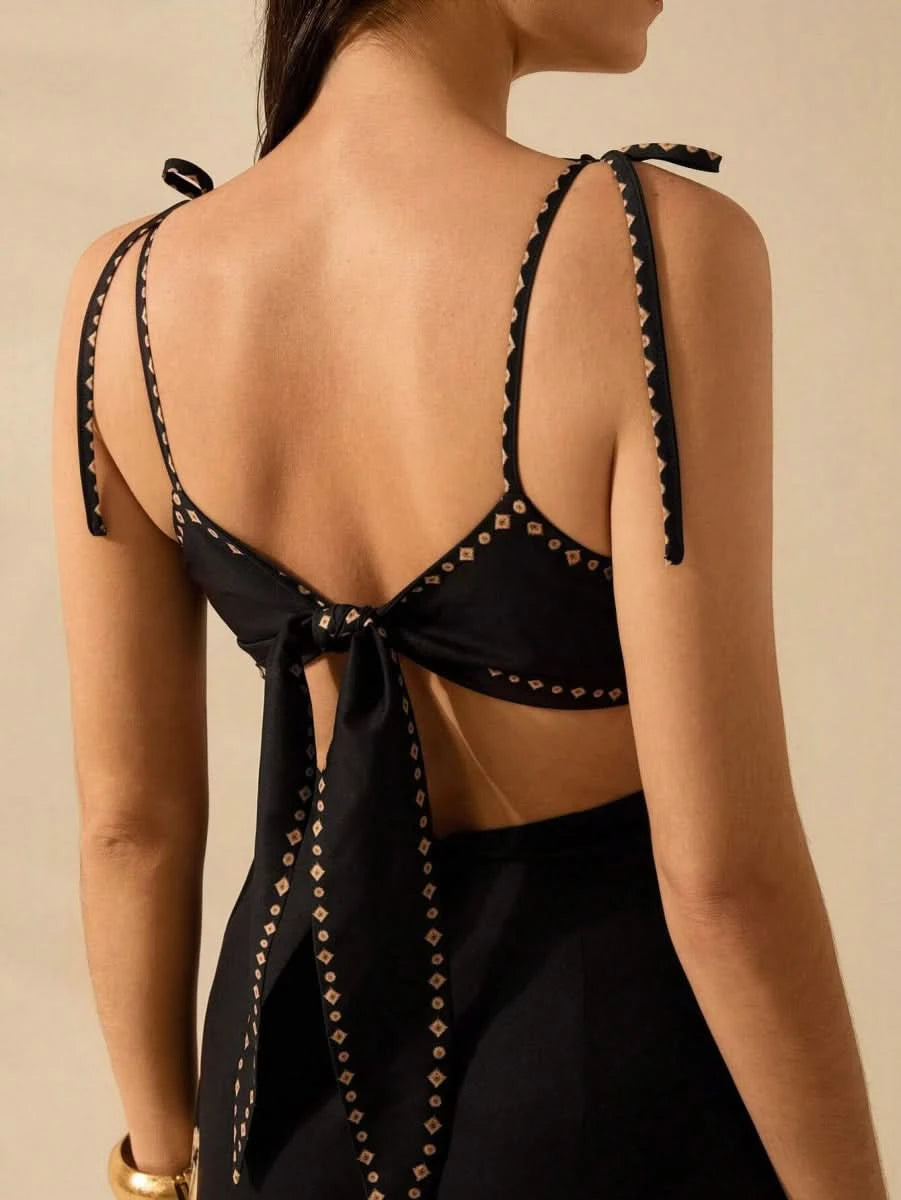 Black Banana Tree Maxi Dress with Waist Cut - Out - Satin Whisper