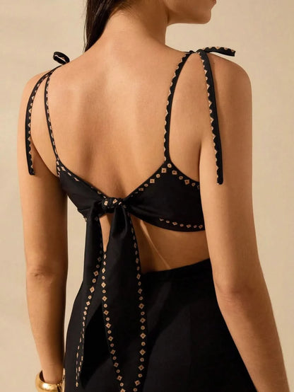 Black Banana Tree Maxi Dress with Waist Cut - Out - Satin Whisper