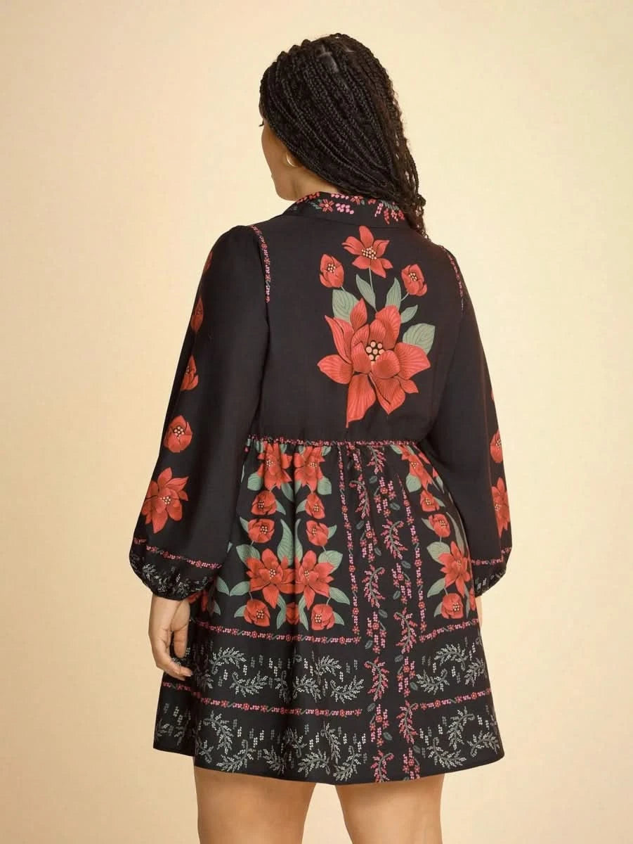 Black Boho Floral Long Sleeve Mini Dress with Deep V - Neck - Satin Whisper