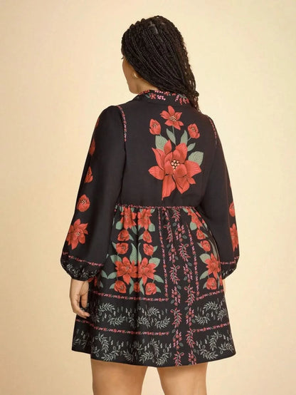 Black Boho Floral Long Sleeve Mini Dress with Deep V - Neck - Satin Whisper