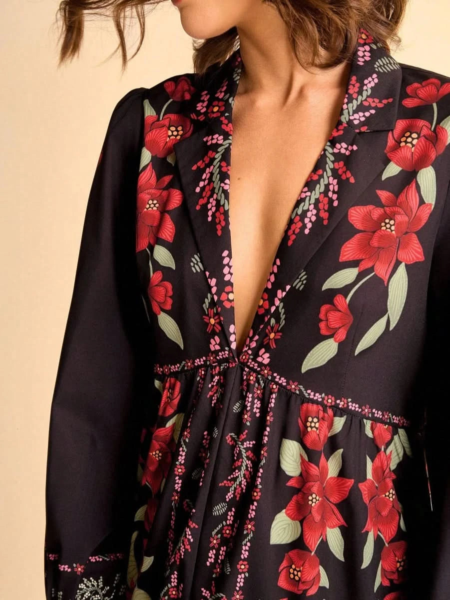 Black Boho Floral Long Sleeve Mini Dress with Deep V - Neck - Satin Whisper