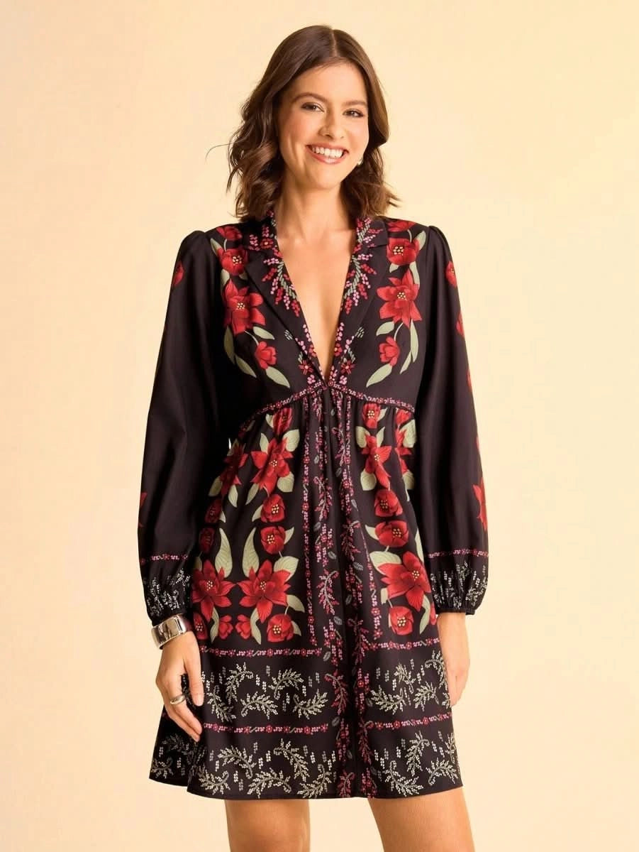 Black Boho Floral Long Sleeve Mini Dress with Deep V - Neck - Satin Whisper