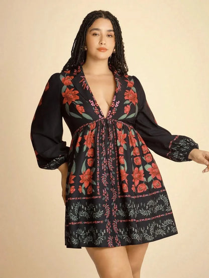 Black Boho Floral Long Sleeve Mini Dress with Deep V - Neck - Satin Whisper