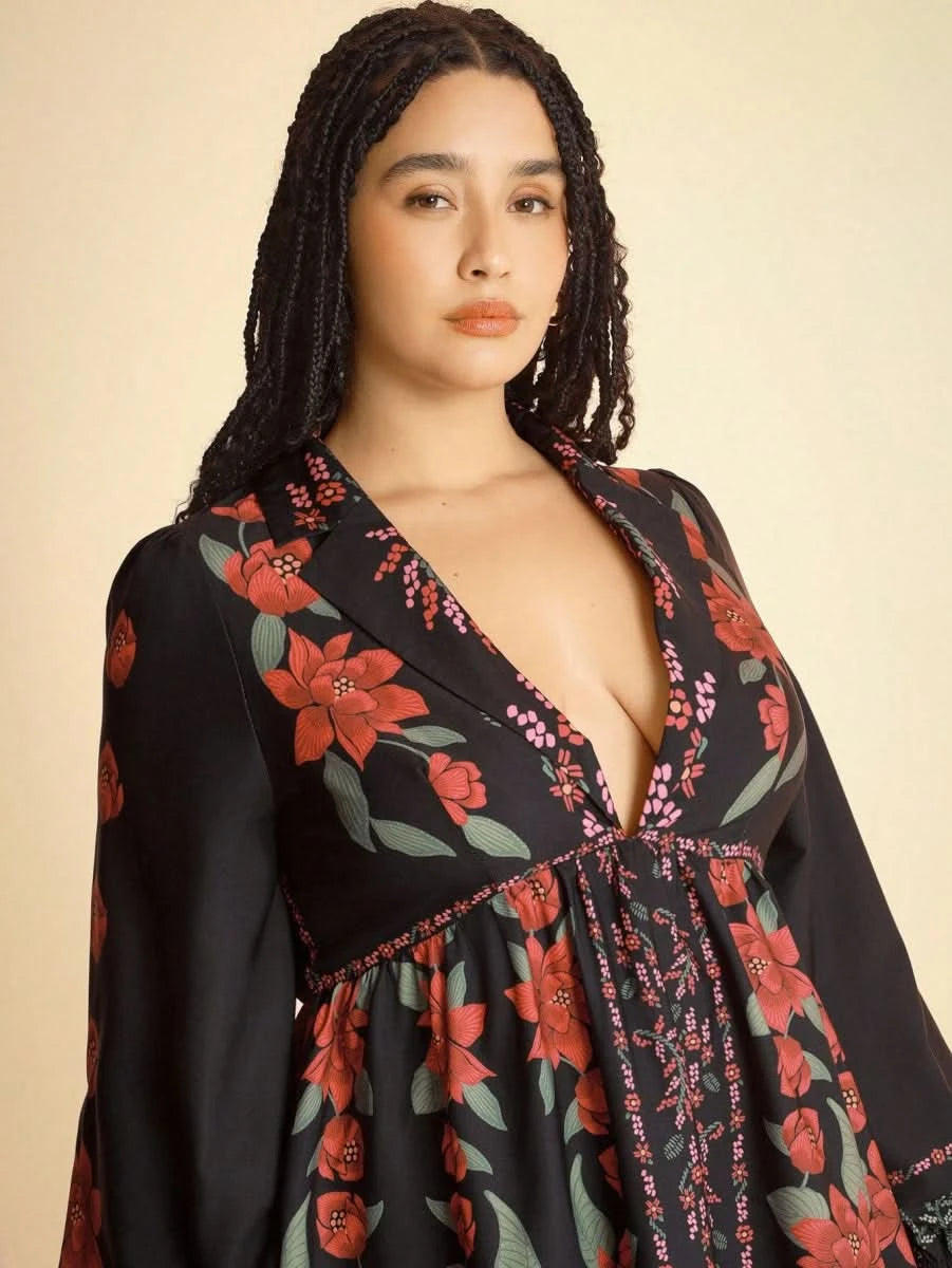 Black Boho Floral Long Sleeve Mini Dress with Deep V - Neck - Satin Whisper