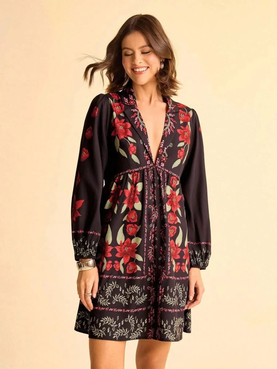 Black Boho Floral Long Sleeve Mini Dress with Deep V - Neck - Satin Whisper