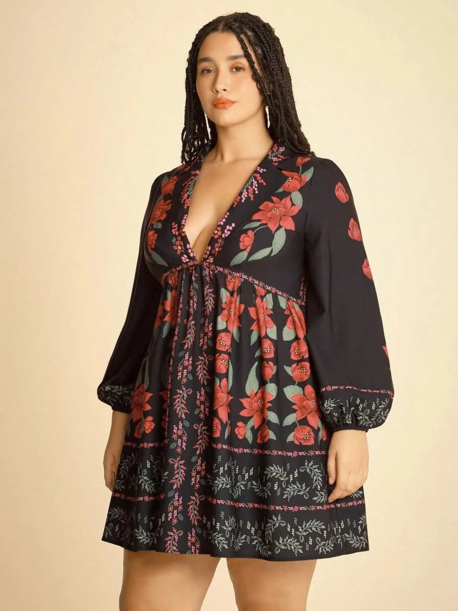 Black Boho Floral Long Sleeve Mini Dress with Deep V - Neck - Satin Whisper