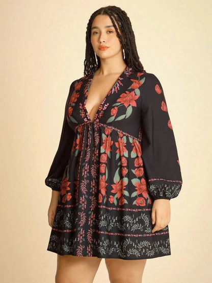 Black Boho Floral Long Sleeve Mini Dress with Deep V - Neck - Satin Whisper