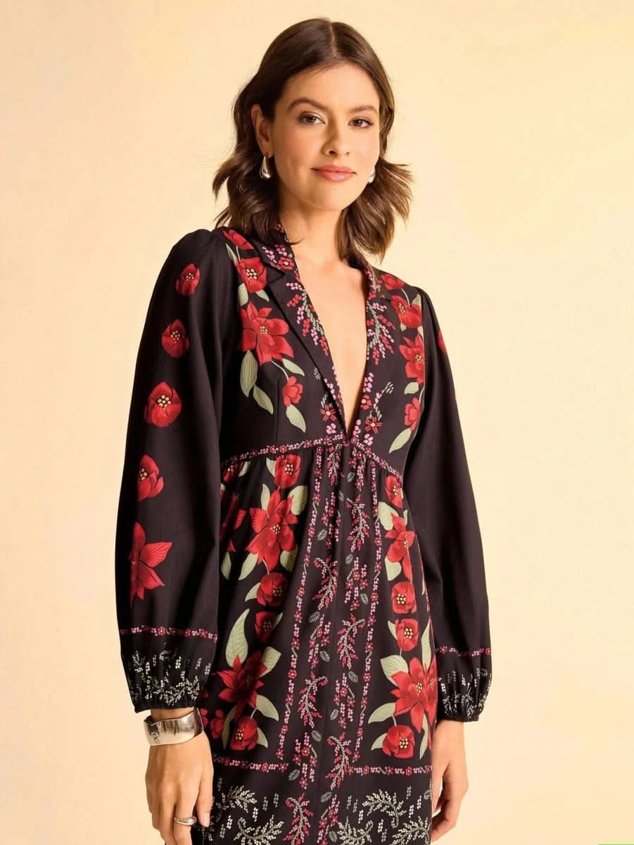Black Boho Floral Long Sleeve Mini Dress with Deep V - Neck - Satin Whisper