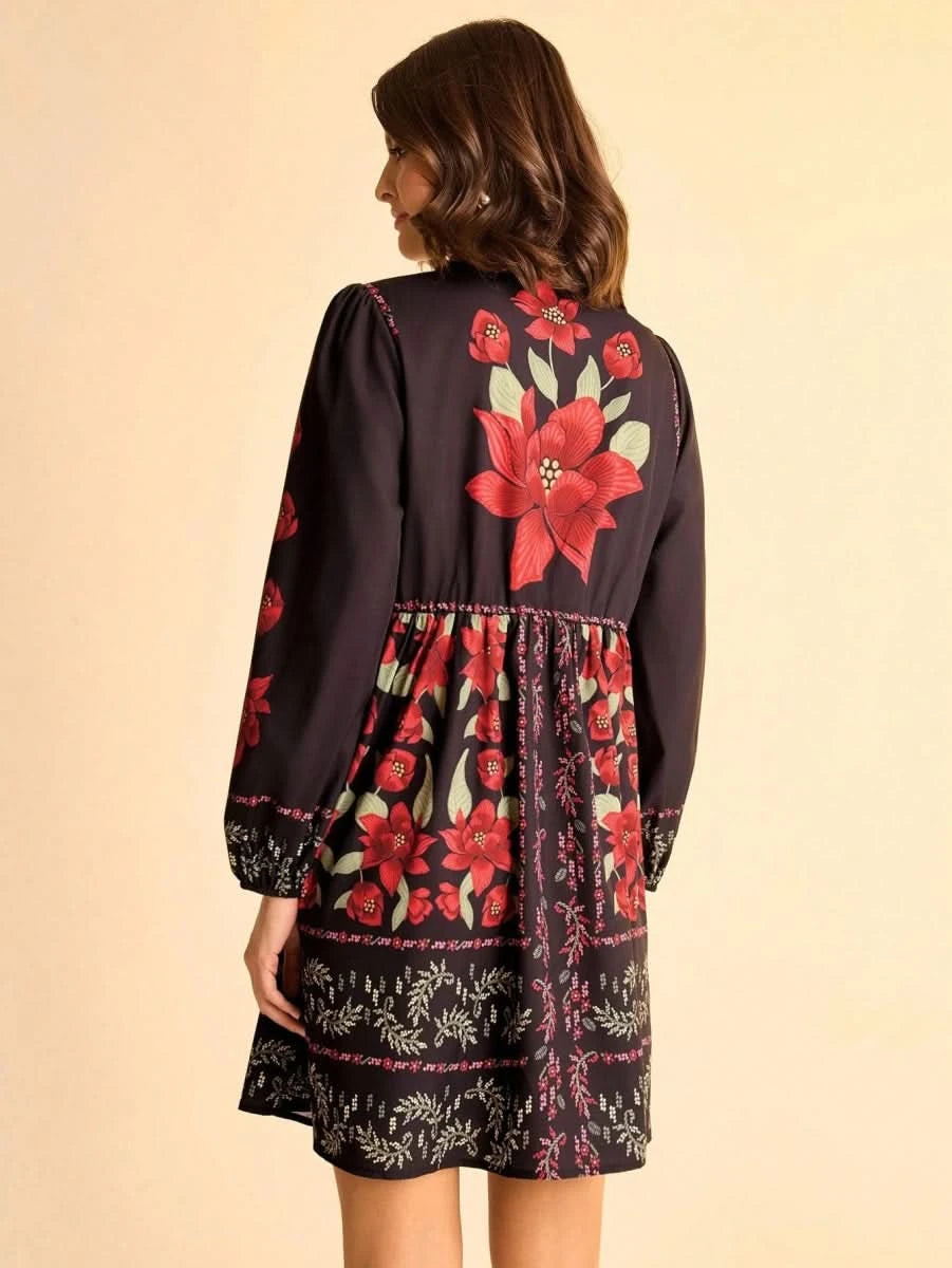 Black Boho Floral Long Sleeve Mini Dress with Deep V - Neck - Satin Whisper