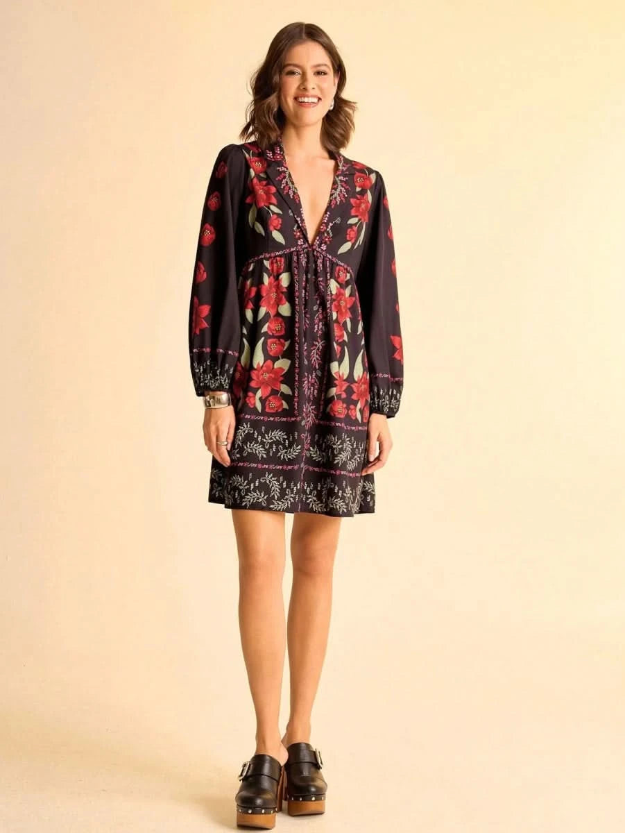Black Boho Floral Long Sleeve Mini Dress with Deep V - Neck - Satin Whisper