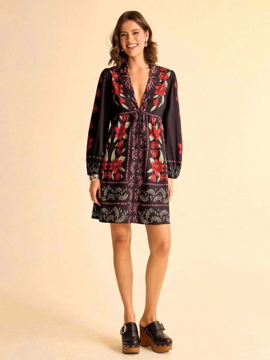 Black Boho Floral Long Sleeve Mini Dress with Deep V - Neck - Satin Whisper