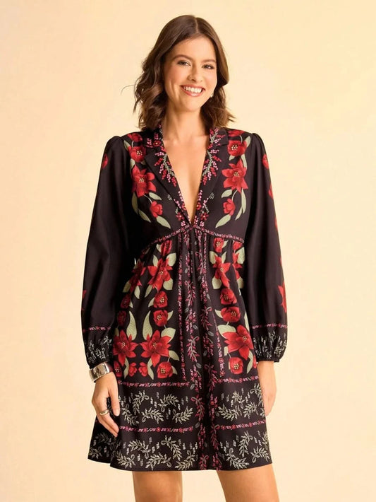 Black Boho Floral Long Sleeve Mini Dress with Deep V - Neck - Satin Whisper