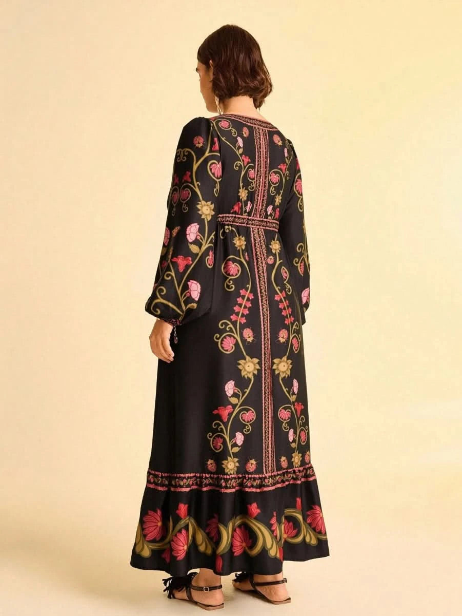 Black Retro Floral Embroidered Boho Maxi Dress with Deep V - Neck - Satin Whisper