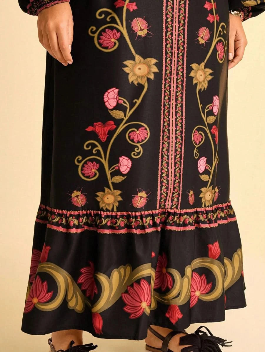 Black Retro Floral Embroidered Boho Maxi Dress with Deep V - Neck - Satin Whisper