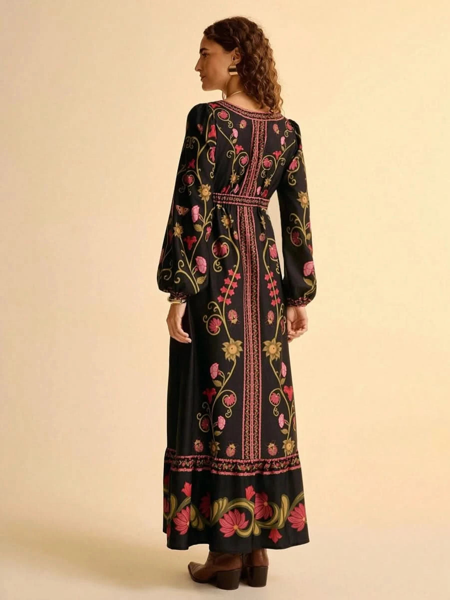 Black Retro Floral Embroidered Boho Maxi Dress with Deep V - Neck - Satin Whisper