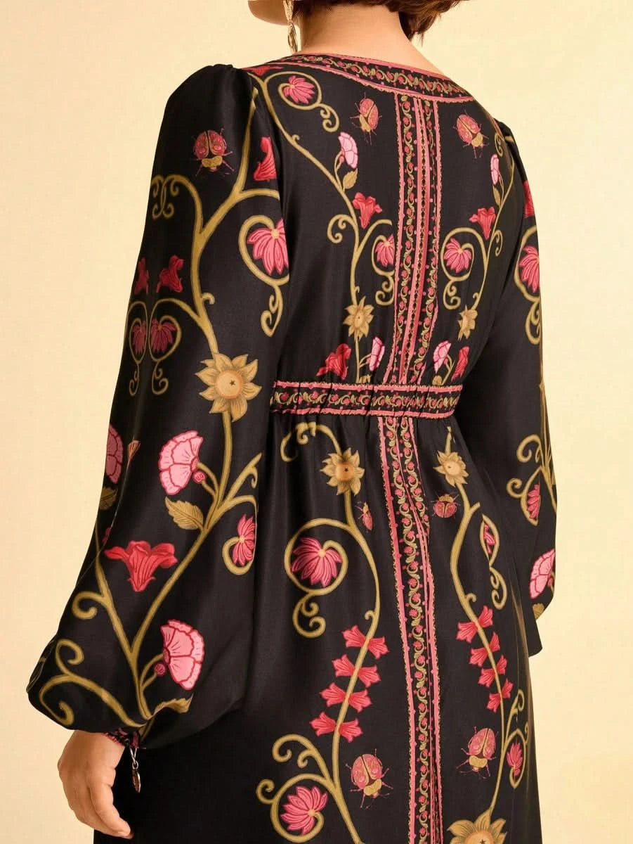 Black Retro Floral Embroidered Boho Maxi Dress with Deep V - Neck - Satin Whisper