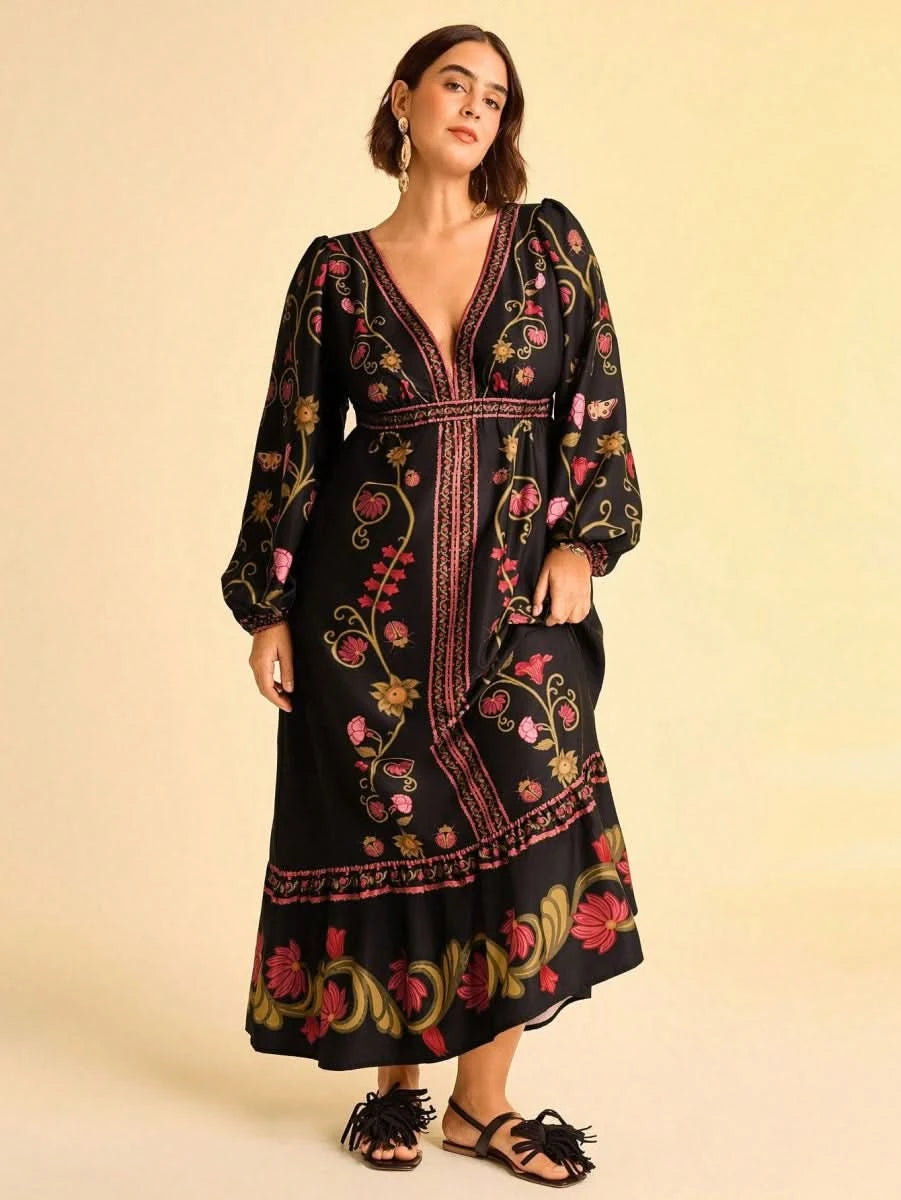 Black Retro Floral Embroidered Boho Maxi Dress with Deep V - Neck - Satin Whisper