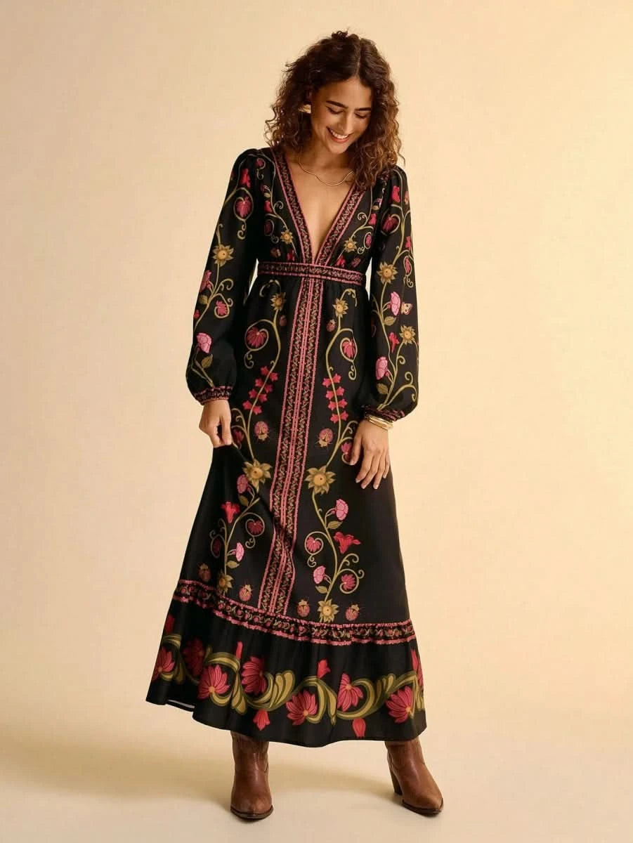 Black Retro Floral Embroidered Boho Maxi Dress with Deep V - Neck - Satin Whisper