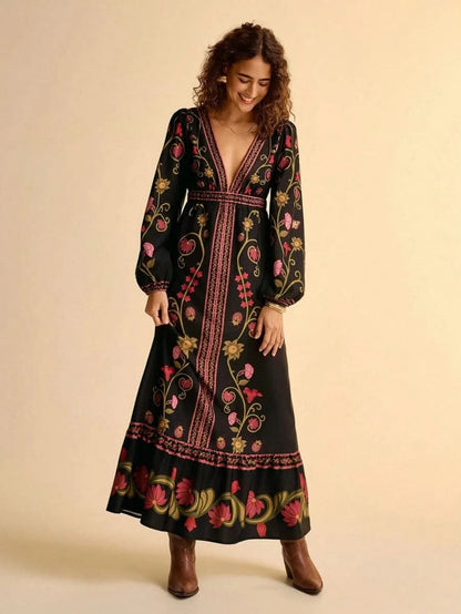 Black Retro Floral Embroidered Boho Maxi Dress with Deep V - Neck - Satin Whisper
