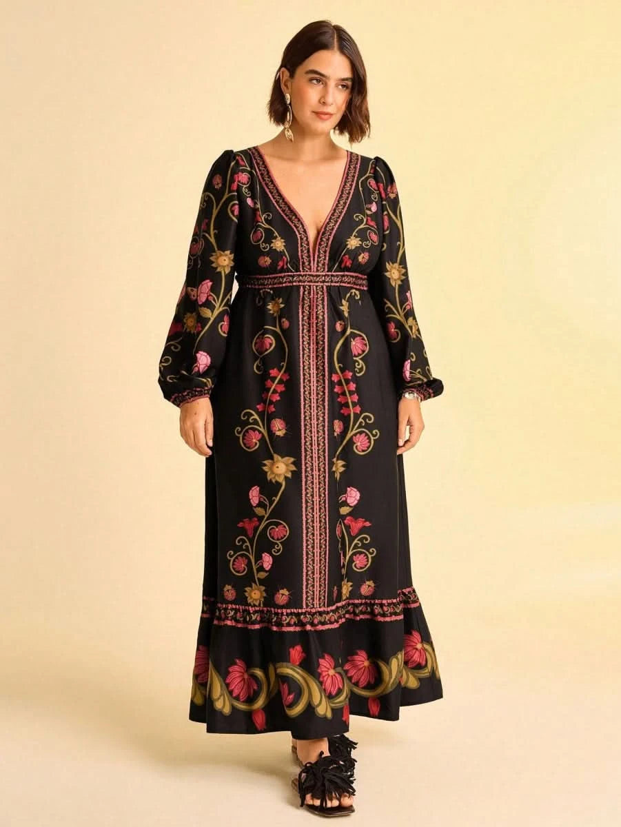 Black Retro Floral Embroidered Boho Maxi Dress with Deep V - Neck - Satin Whisper