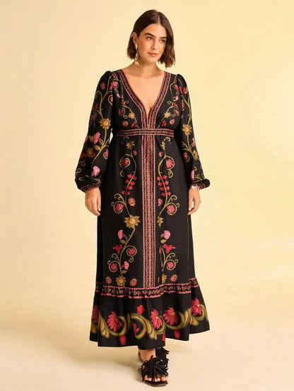 Black Retro Floral Embroidered Boho Maxi Dress with Deep V - Neck - Satin Whisper