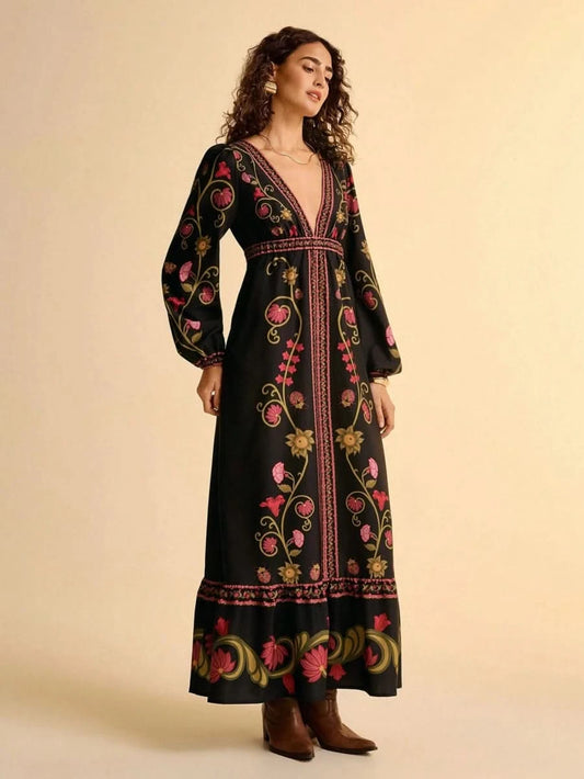 Black Retro Floral Embroidered Boho Maxi Dress with Deep V - Neck - Satin Whisper