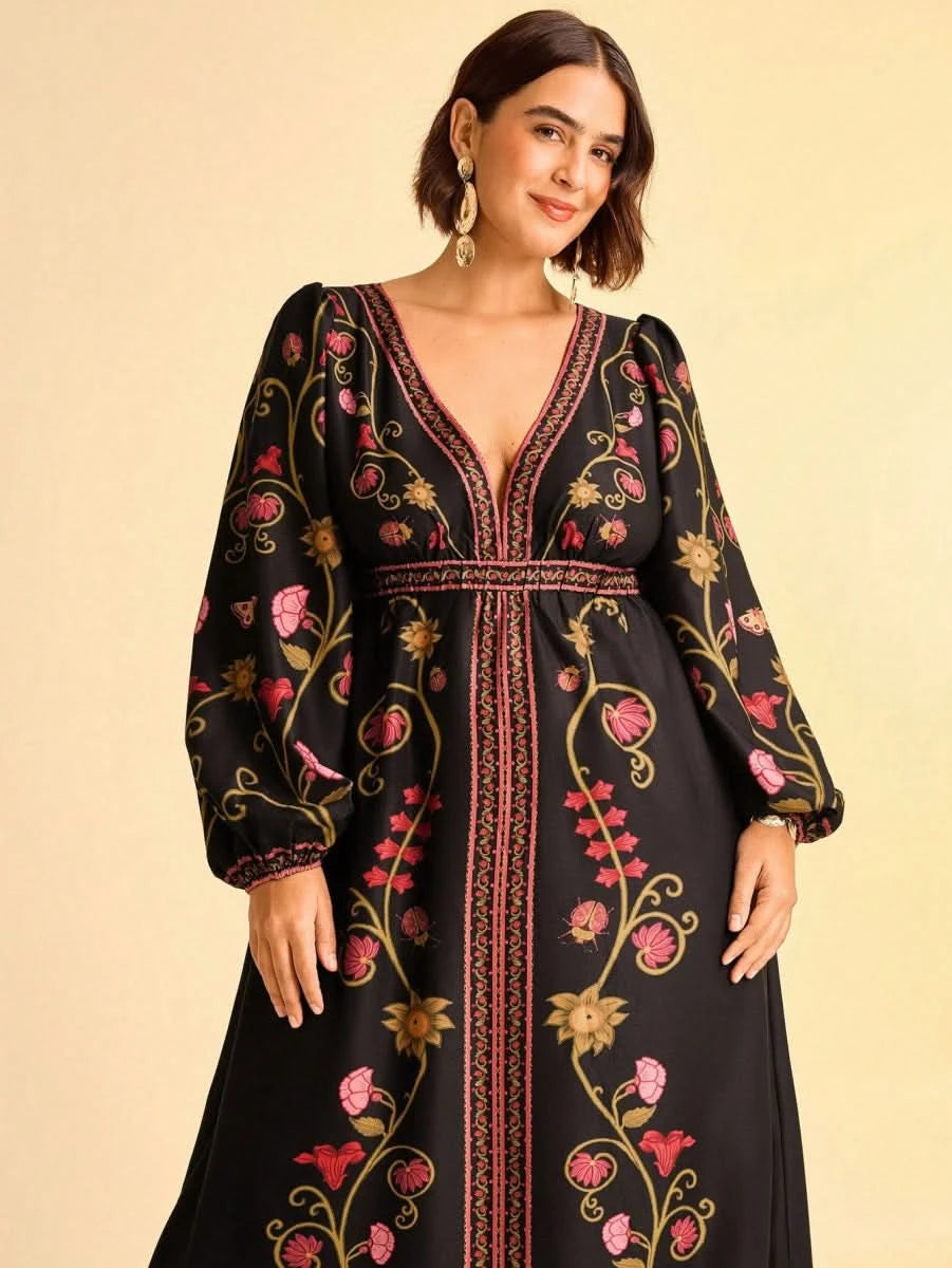 Black Retro Floral Embroidered Boho Maxi Dress with Deep V - Neck - Satin Whisper