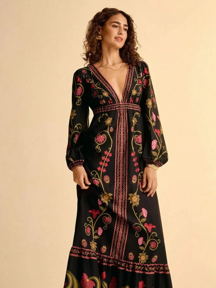 Black Retro Floral Embroidered Boho Maxi Dress with Deep V - Neck - Satin Whisper