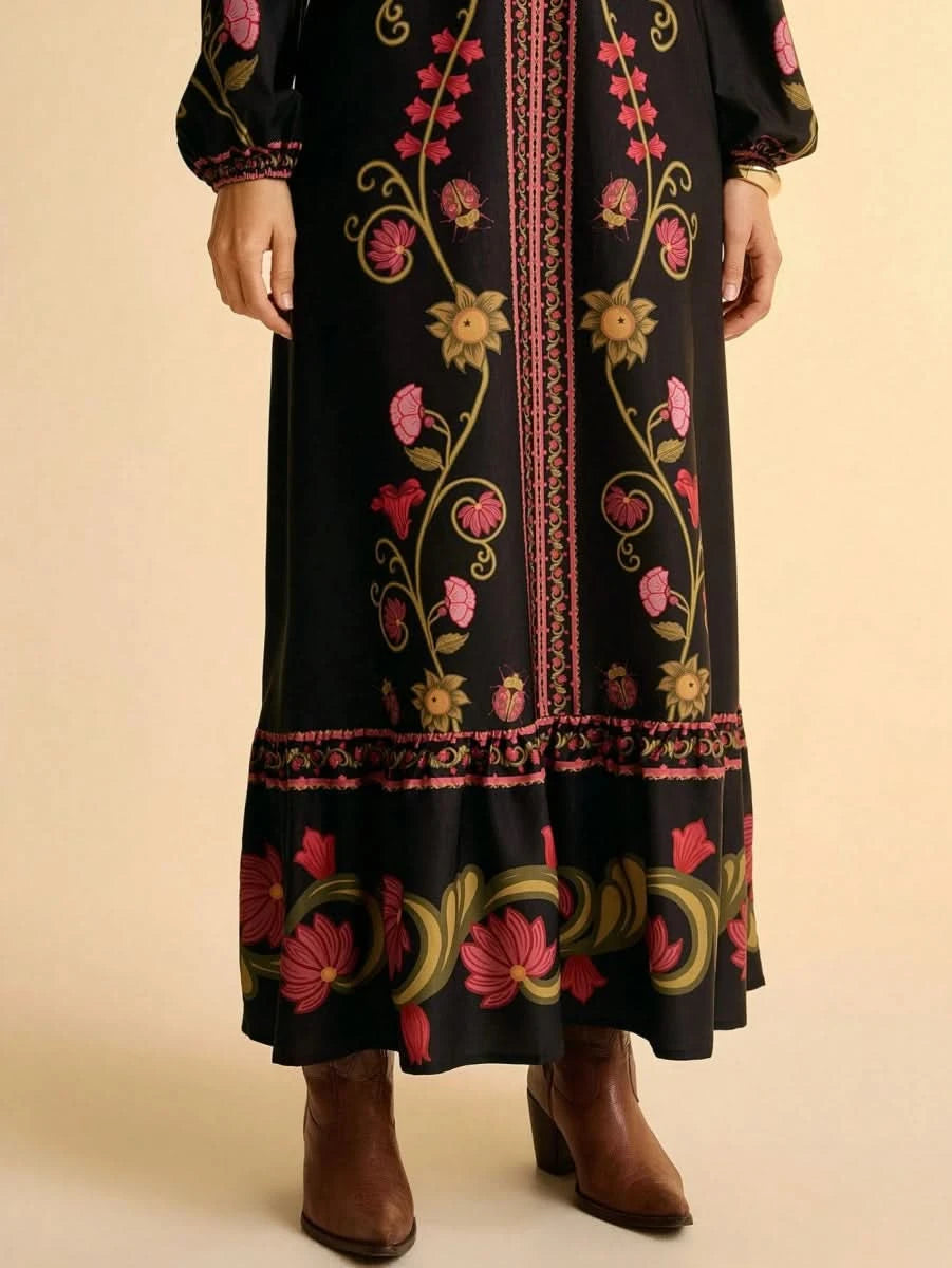 Black Retro Floral Embroidered Boho Maxi Dress with Deep V - Neck - Satin Whisper