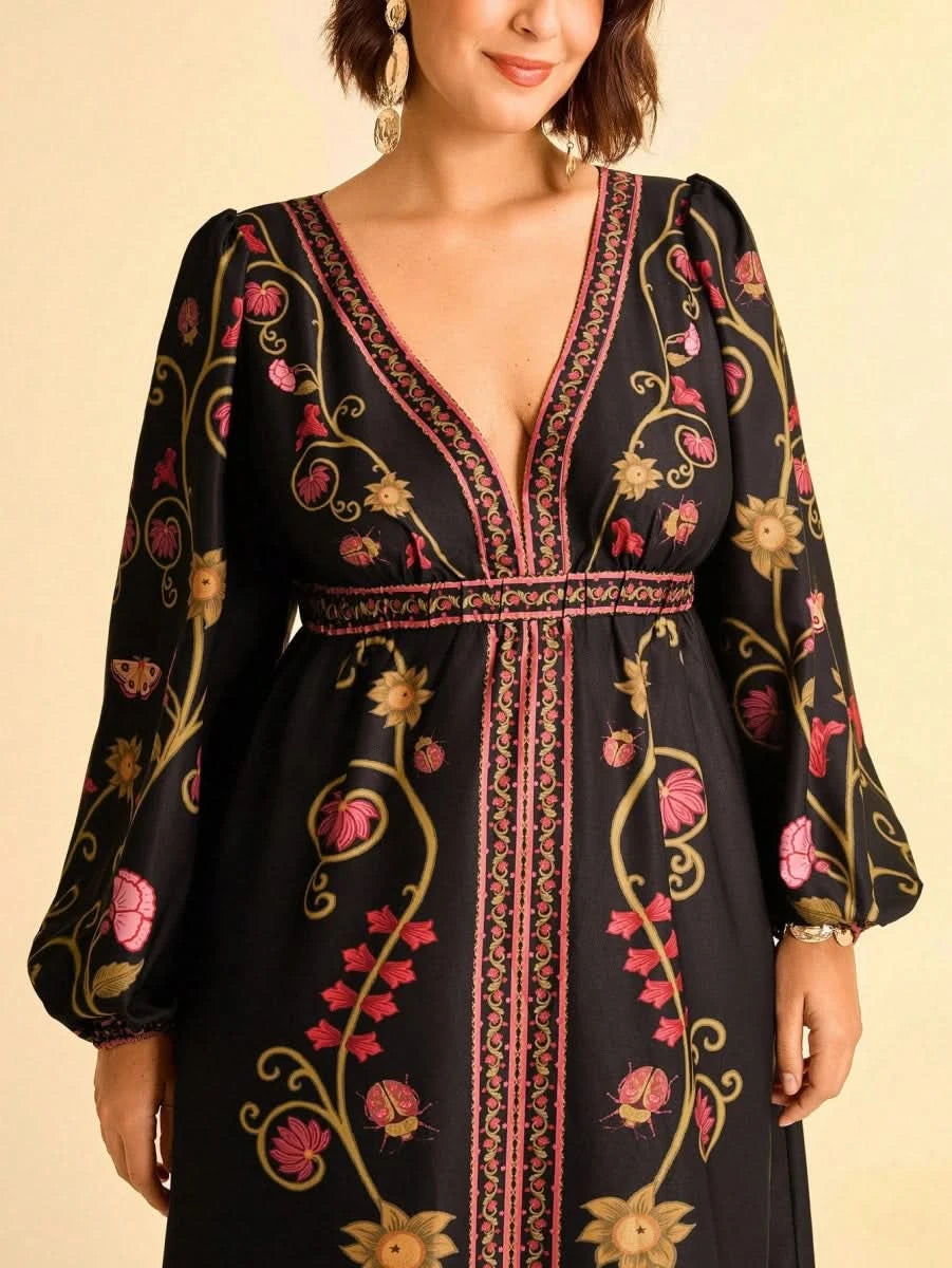 Black Retro Floral Embroidered Boho Maxi Dress with Deep V - Neck - Satin Whisper