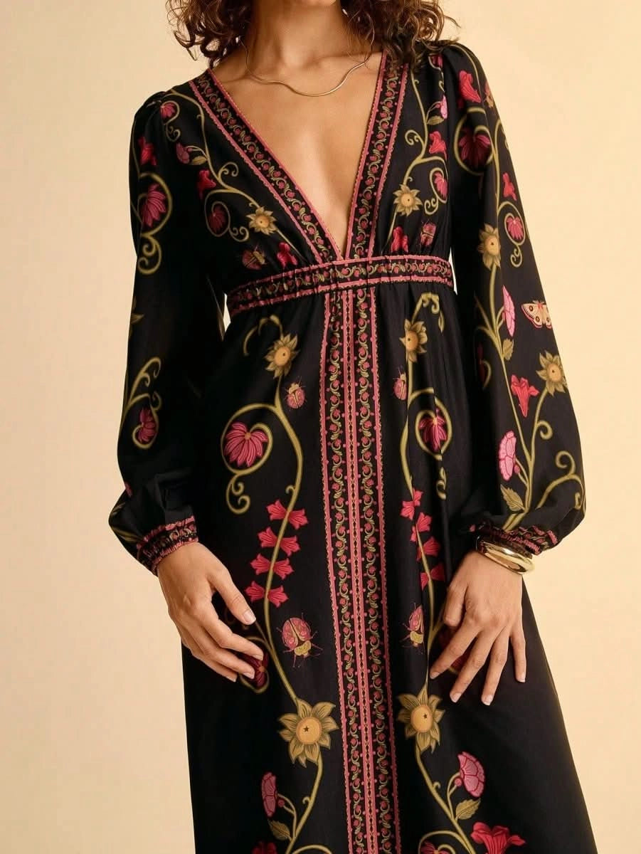 Black Retro Floral Embroidered Boho Maxi Dress with Deep V - Neck - Satin Whisper