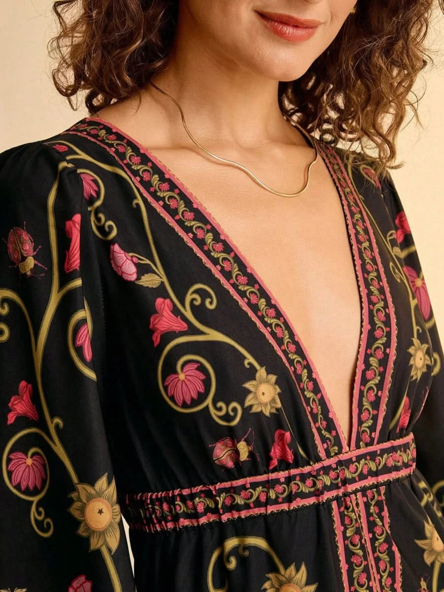 Black Retro Floral Embroidered Boho Maxi Dress with Deep V - Neck - Satin Whisper