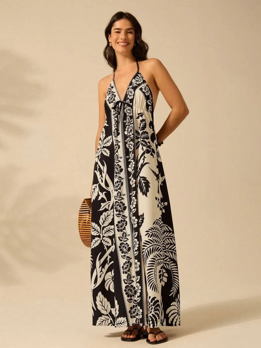 Black & White Tropical Boho Maxi Halter Dress - Satin Whisper