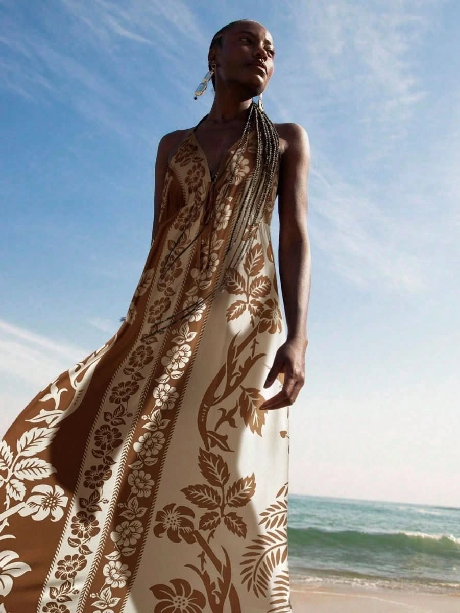 Black & White Tropical Boho Maxi Halter Dress - Satin Whisper