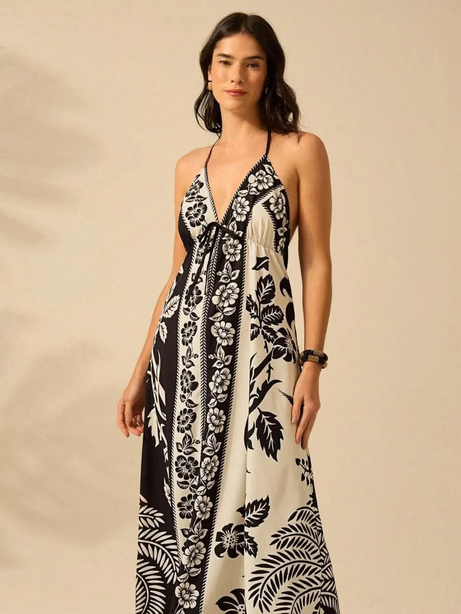Black & White Tropical Boho Maxi Halter Dress - Satin Whisper