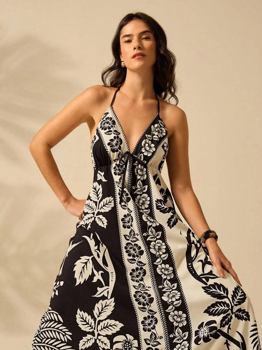 Black & White Tropical Boho Maxi Halter Dress - Satin Whisper