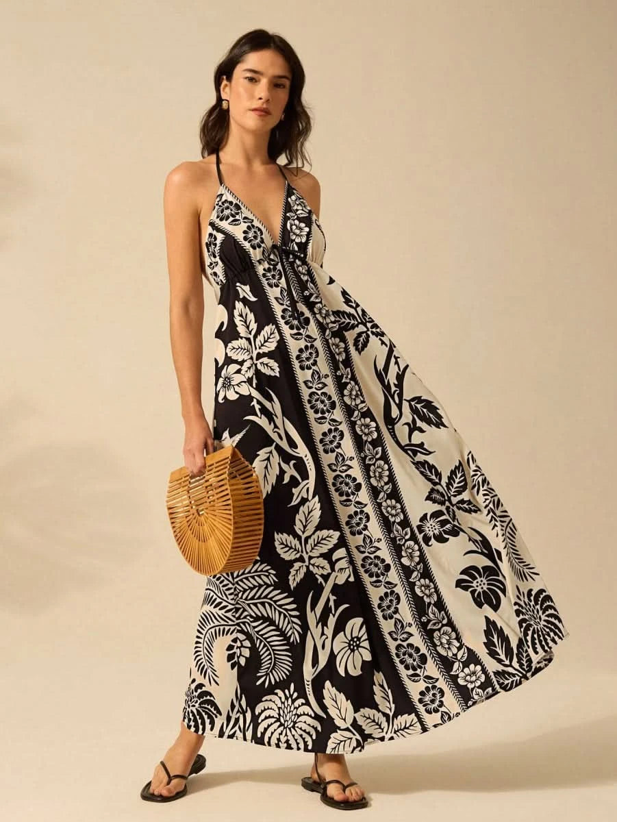 Black & White Tropical Boho Maxi Halter Dress - Satin Whisper