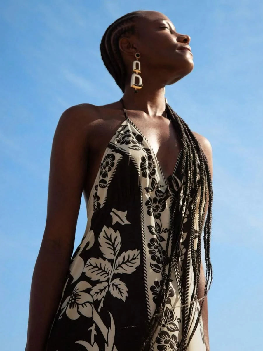 Black & White Tropical Boho Maxi Halter Dress - Satin Whisper