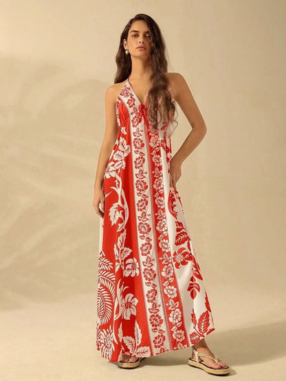 Black & White Tropical Boho Maxi Halter Dress - Satin Whisper