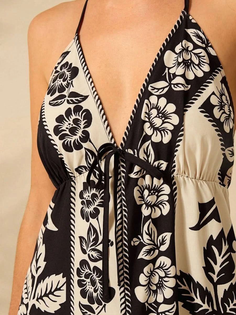 Black & White Tropical Boho Maxi Halter Dress - Satin Whisper