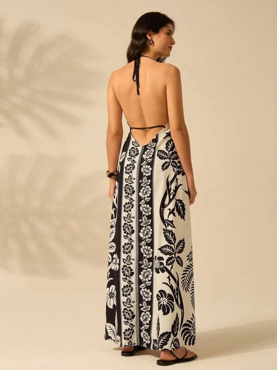 Black & White Tropical Boho Maxi Halter Dress - Satin Whisper