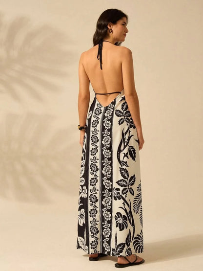 Black & White Tropical Boho Maxi Halter Dress - Satin Whisper